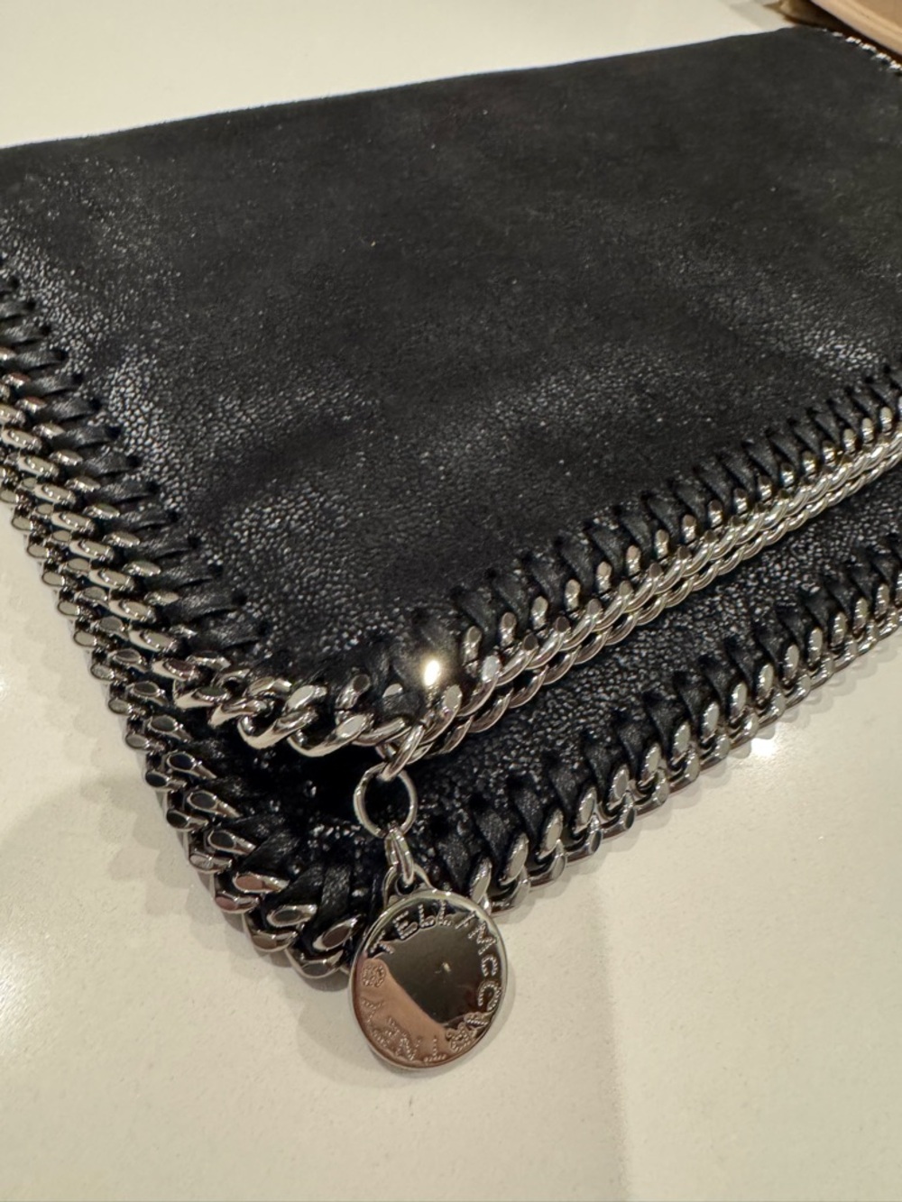 Stella McCartney Black Chain-Trim Falabella Clutch with Silver Hardware